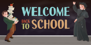 Welcome Back to School <br>St. Elizabeth Ann Seton <br>& St. Dominic Savio<br>by Happy Saint Art <br>Outdoor Banner