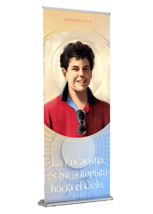Saint Carlo Acutis Canonization<br> by Catholic Artist The Living Heart Co <br>Spanish Banner