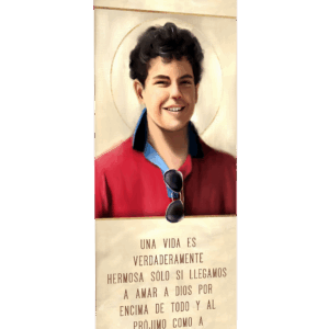 Saint Carlo Acutis <br>by Catholic Artist The Living Heart Co <br> Spanish Banner